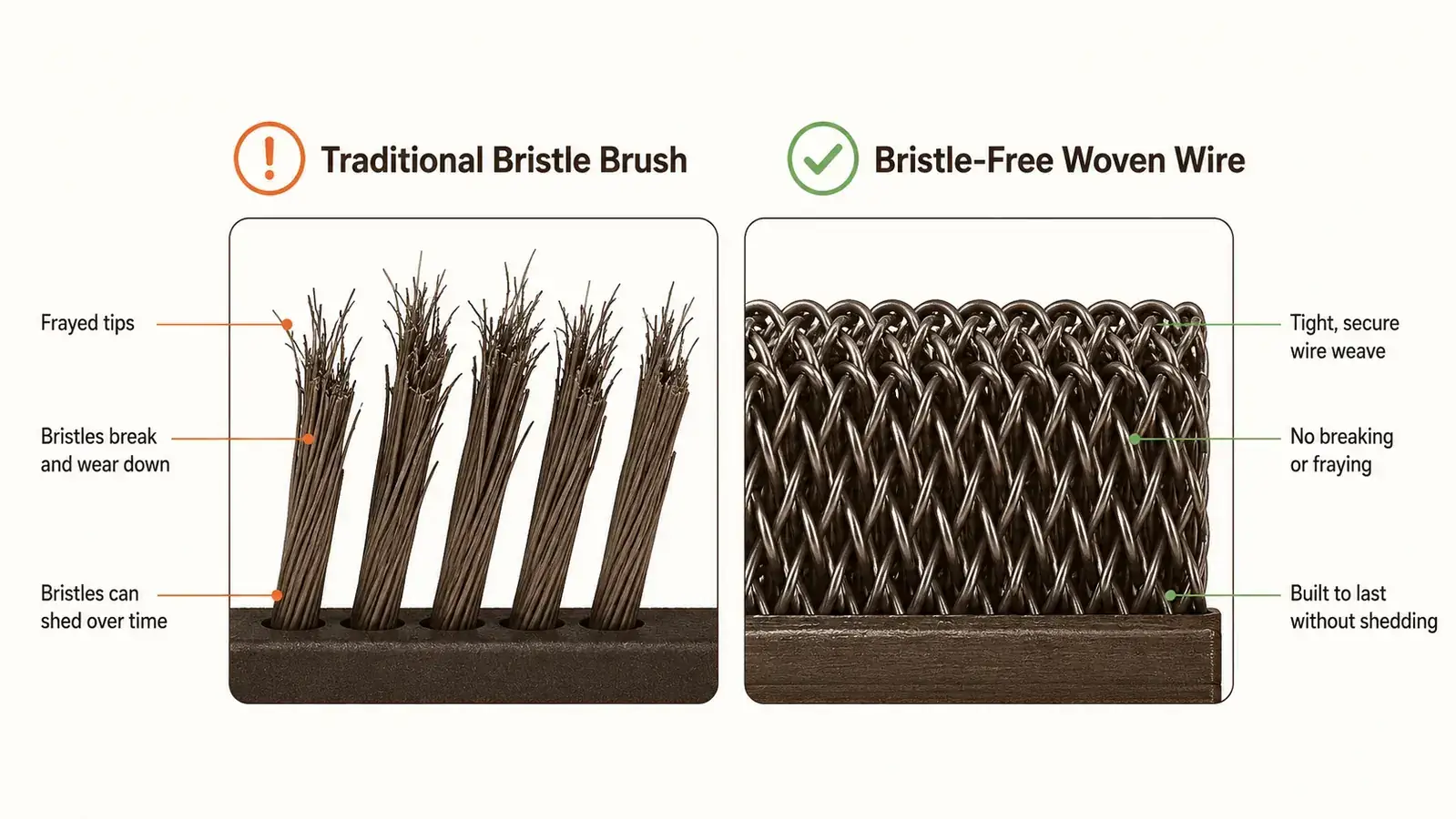 Magnified comparison of loose wire bristles from an old brush next to woven stainless wire on a bristle-free brush head