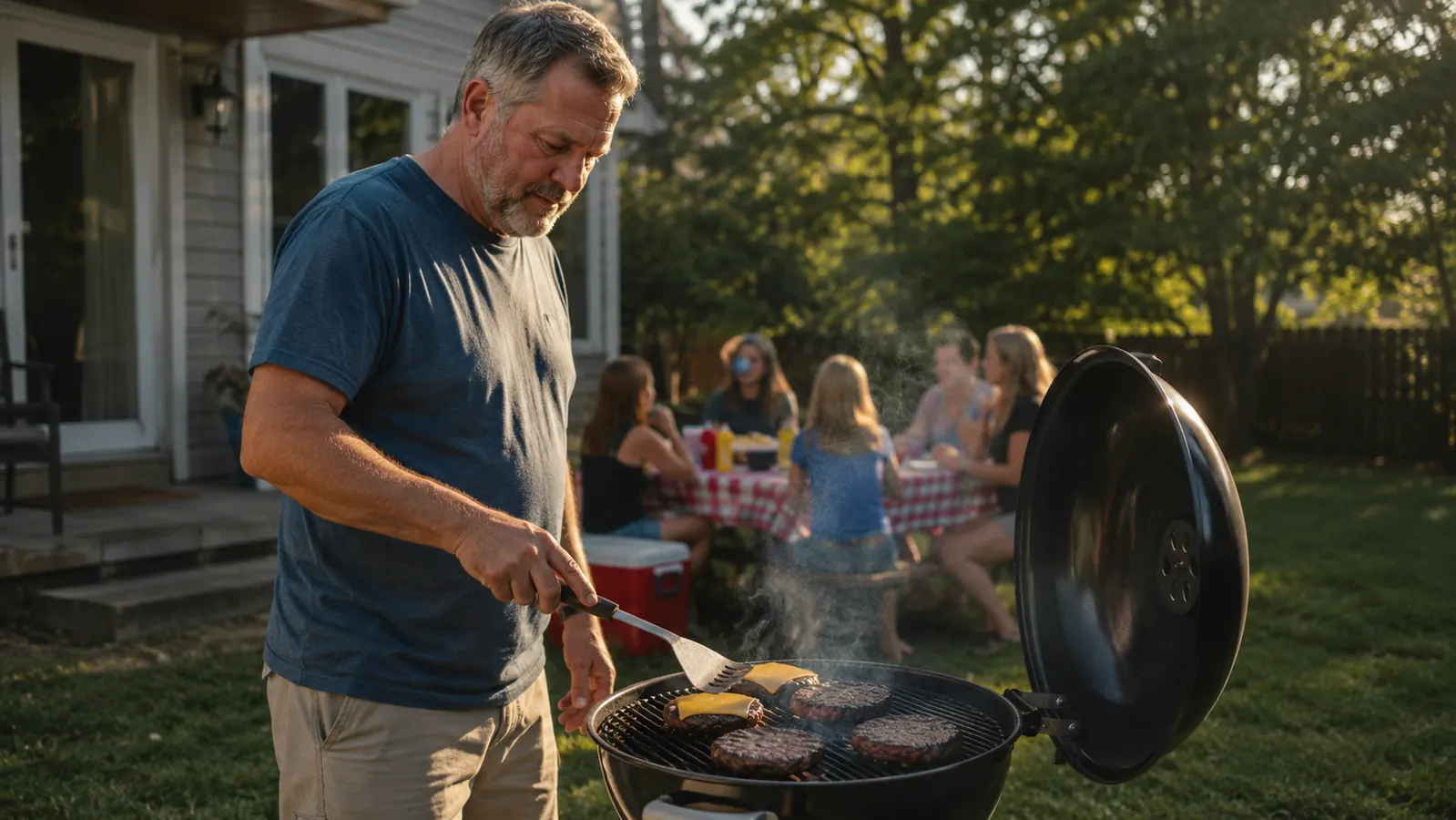 Backyard pitmaster flipping burgers on a charcoal grill surrounded by family at a summer cookout