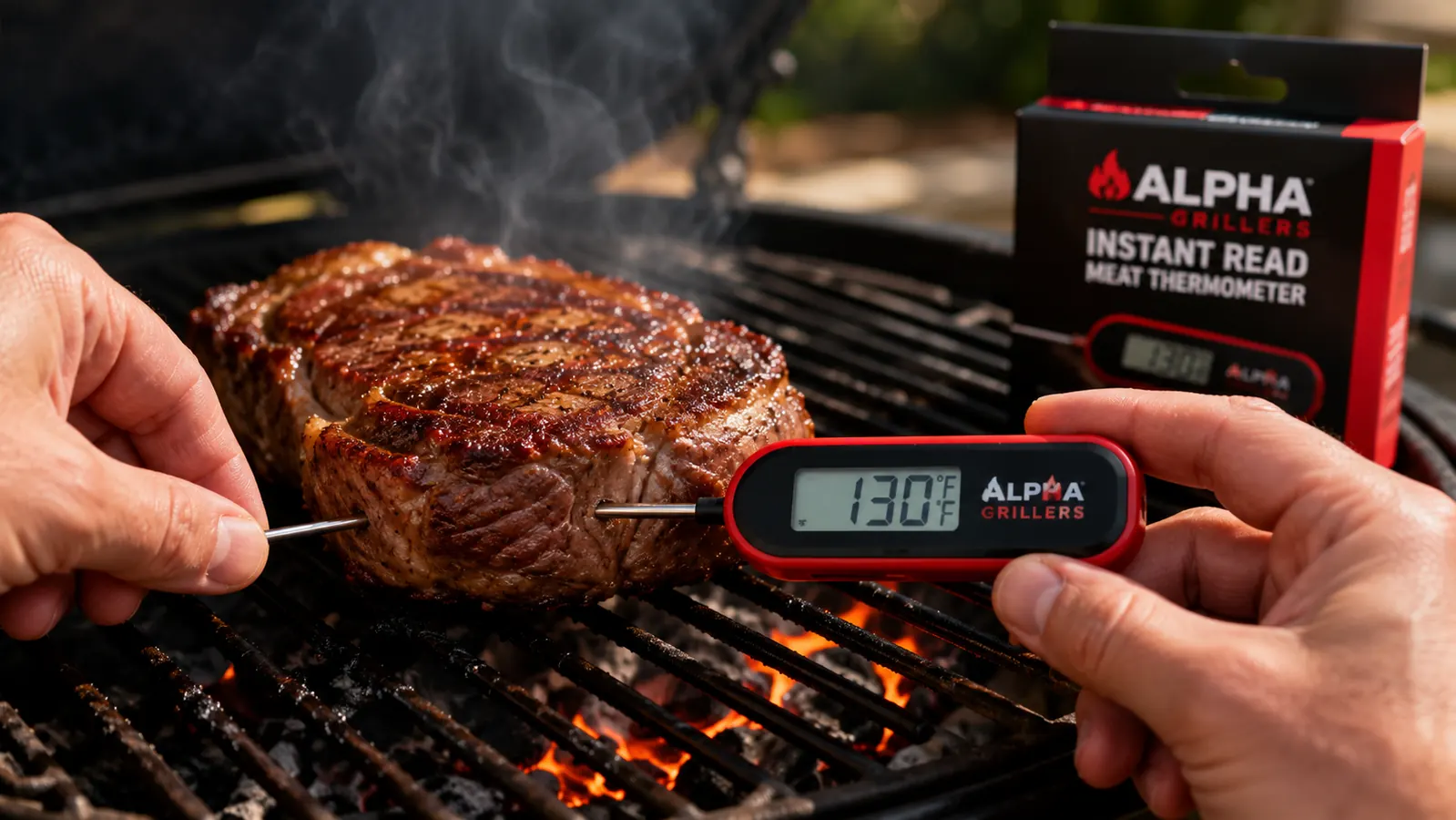 Hand inserting Alpha Grillers instant-read thermometer into a thick steak on the grill grates