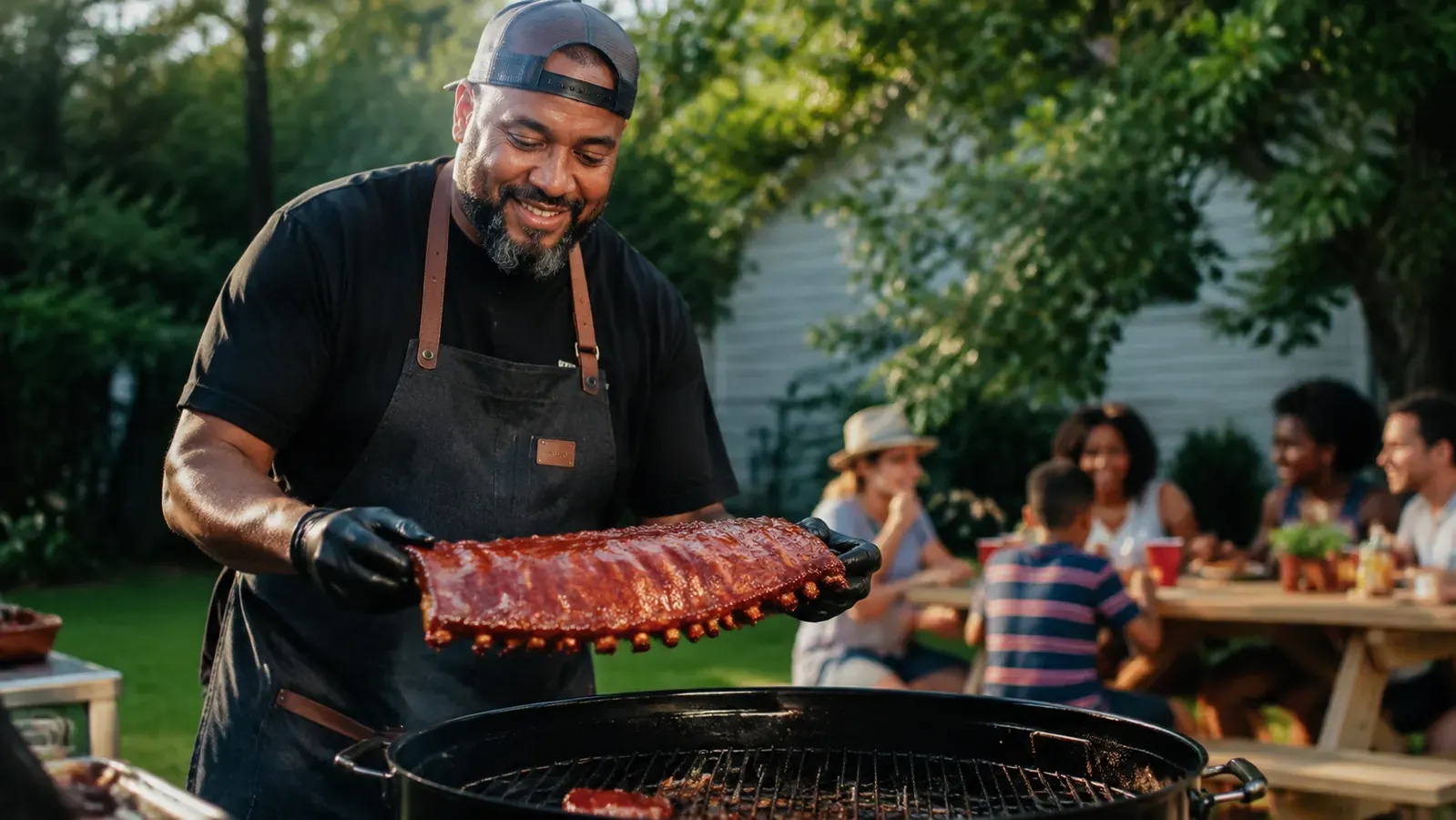 Backyard pitmaster and family gathered around a grill with a tray of sauced ribs ready to serve