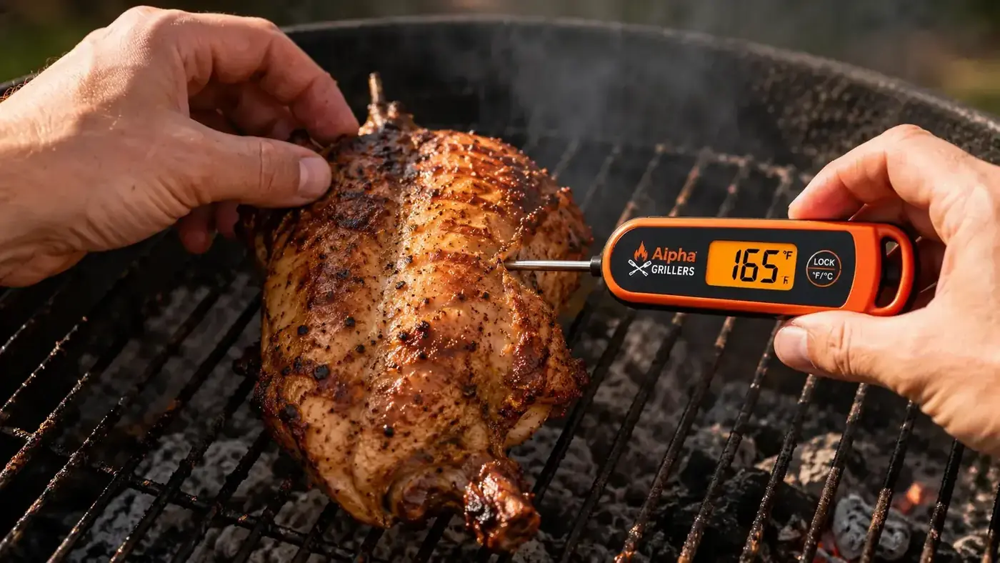 Hand pressing the Alpha Grillers instant-read thermometer probe into a thick chicken breast on a grill grate