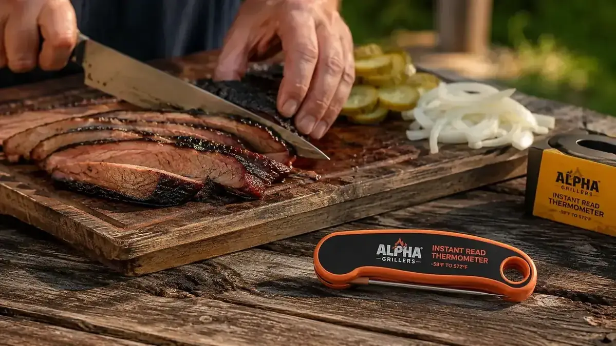 The Alpha Grillers thermometer resting on an outdoor wooden table next to a cutting board with sliced brisket