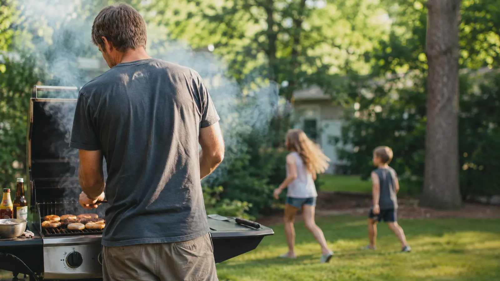 Backyard family cookout scene with kids playing in the background and an adult at the grill checking the food