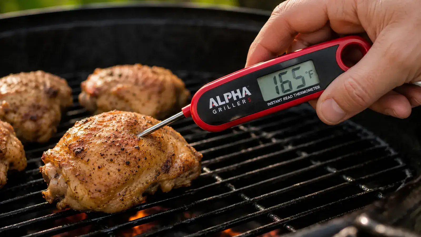 Hand holding an Alpha Grillers instant-read thermometer probing a chicken thigh on the grill, digital display reading 165 degrees
