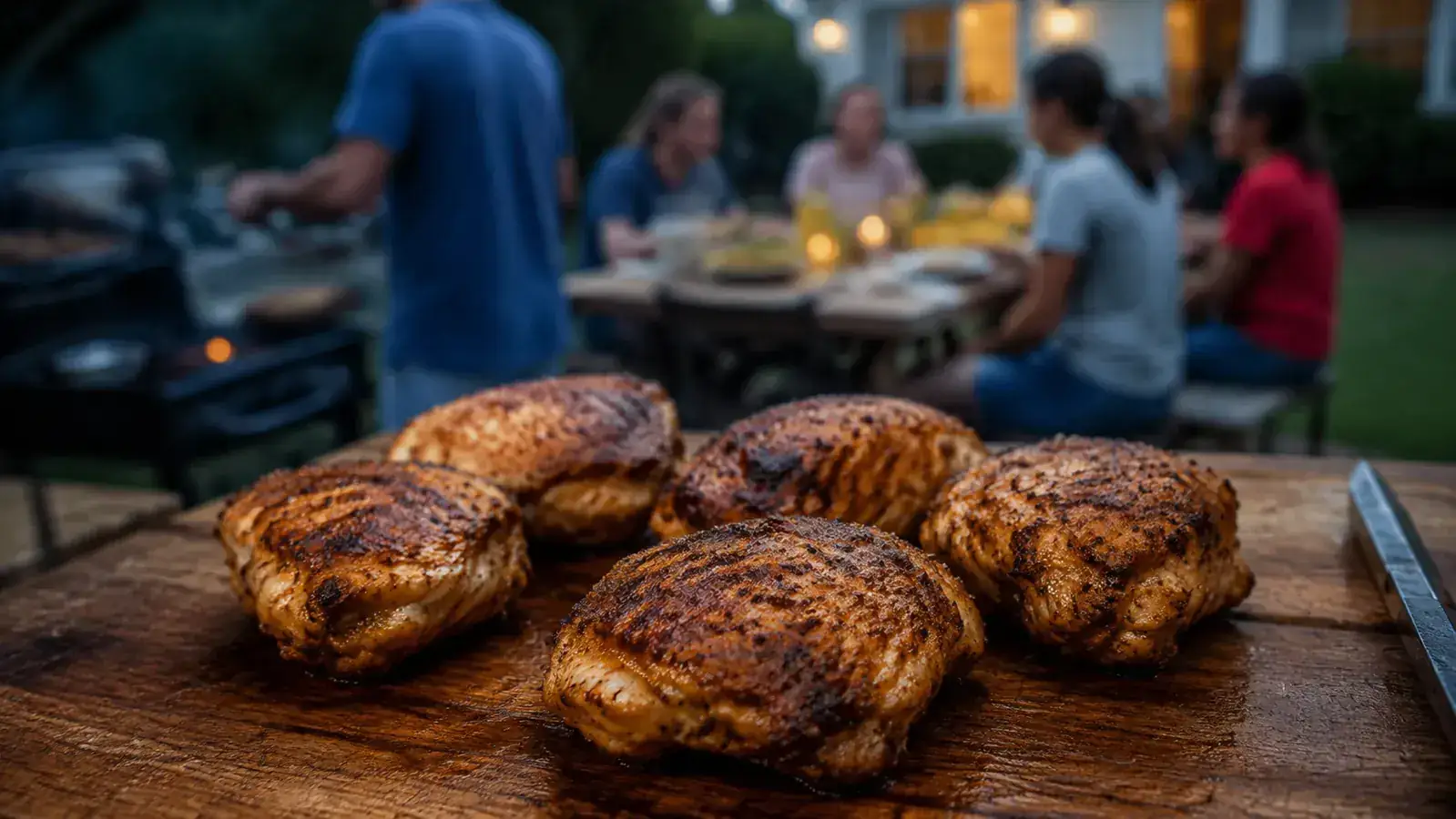 Perfectly cooked golden-brown chicken thighs resting on a wooden cutting board, juice visible, family gathering in background