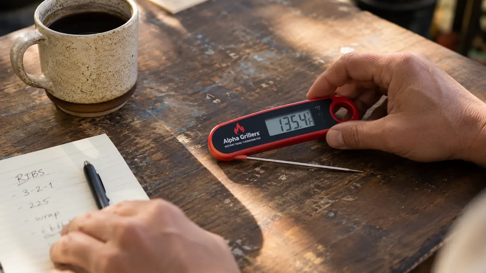 Alpha Grillers thermometer lying on a kitchen table next to a notepad and coffee mug, honest everyday setting