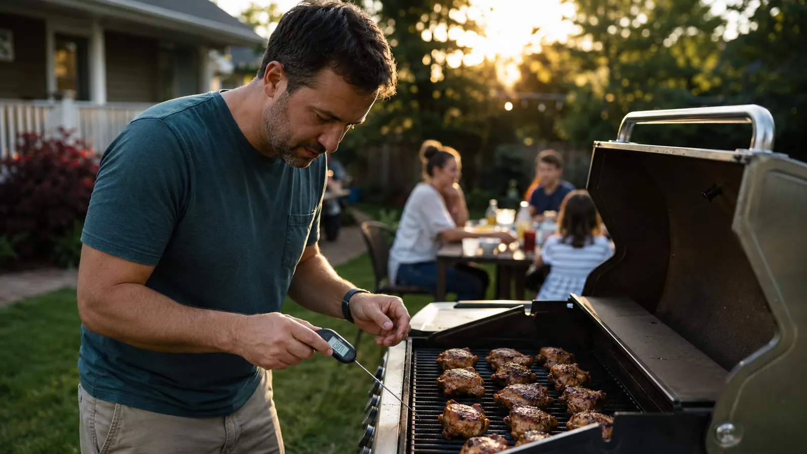 Grillmaster checking the internal temperature of chicken thighs on a gas grill at a backyard cookout