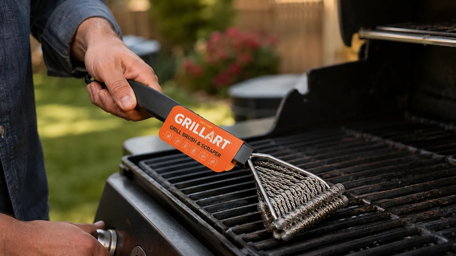 Hand gripping the GRILLART grill brush handle and scrubbing the grates of a gas grill