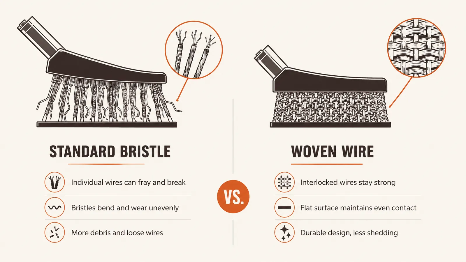 Side-by-side of a tangled old wire bristle brush versus a flat woven-wire grill brush head showing the texture difference