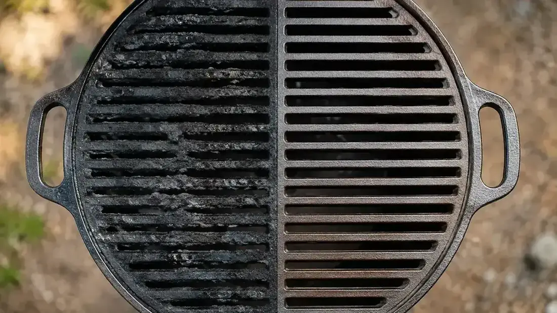 Grill grate after cleaning showing one half still dirty and the other half clean, demonstrating the scraper's effectiveness