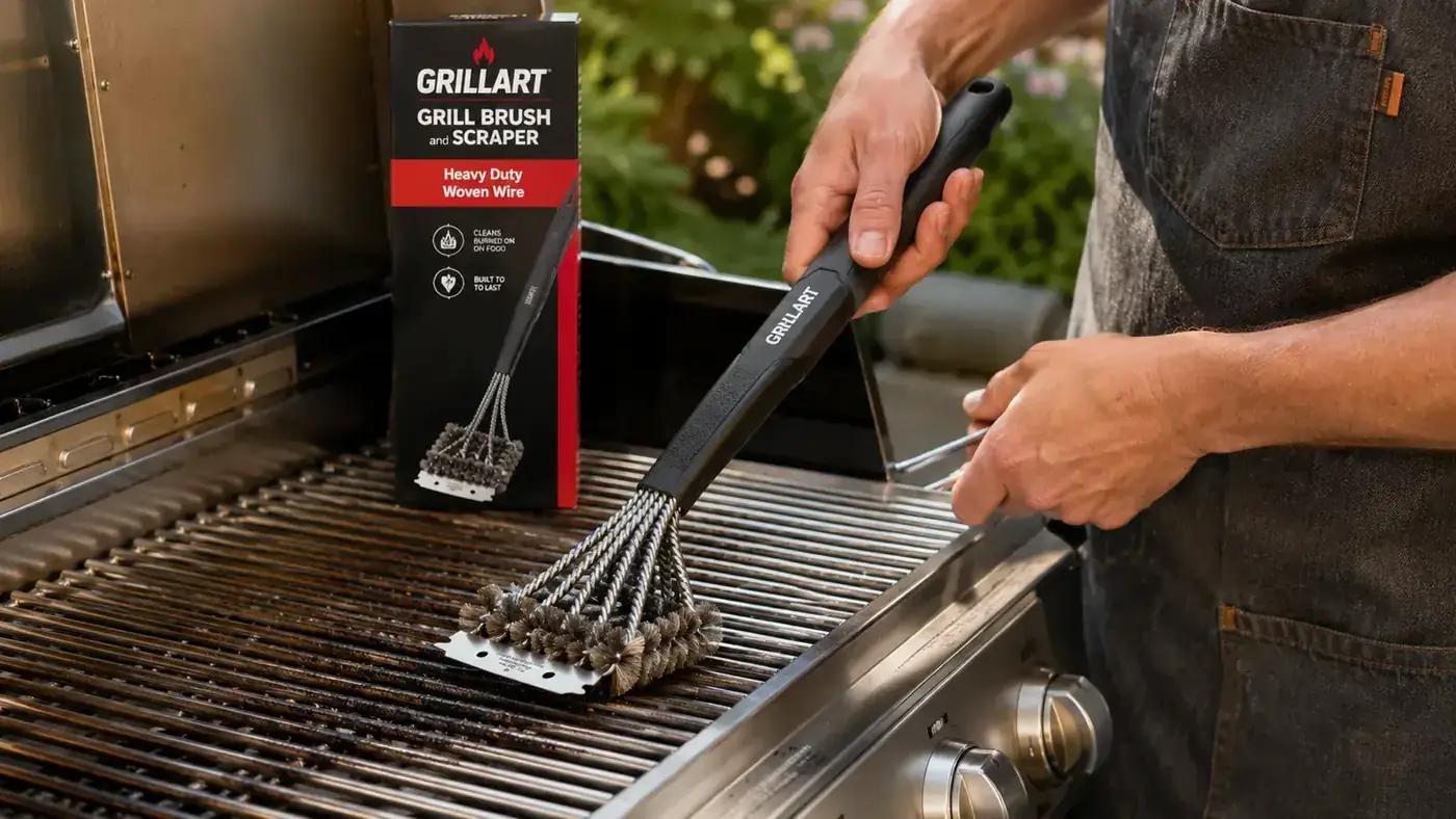 Close-up of a woven stainless-steel grill brush head scrubbing a gas grill grate, no loose bristles visible