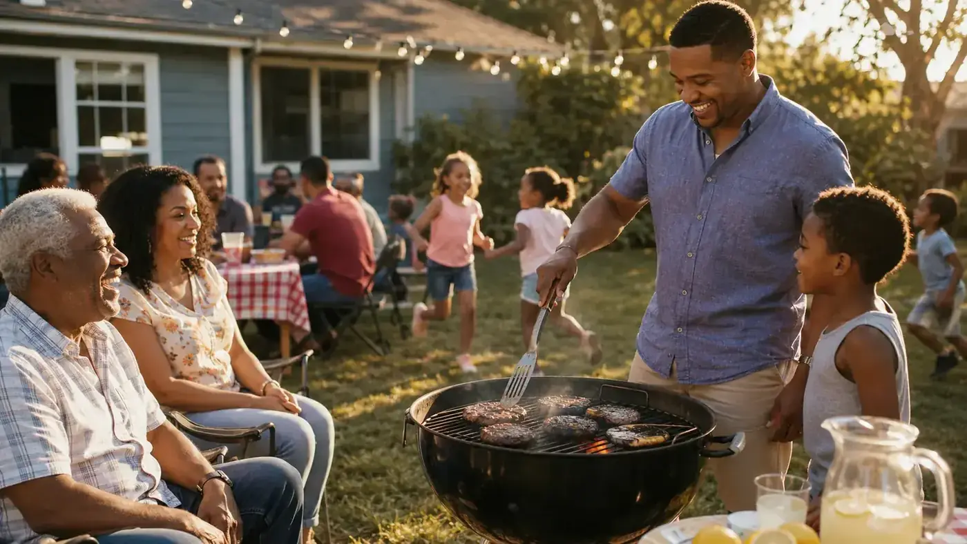Family cookout scene, adults and kids gathered around a backyard grill, burgers on the grate, relaxed and happy mood