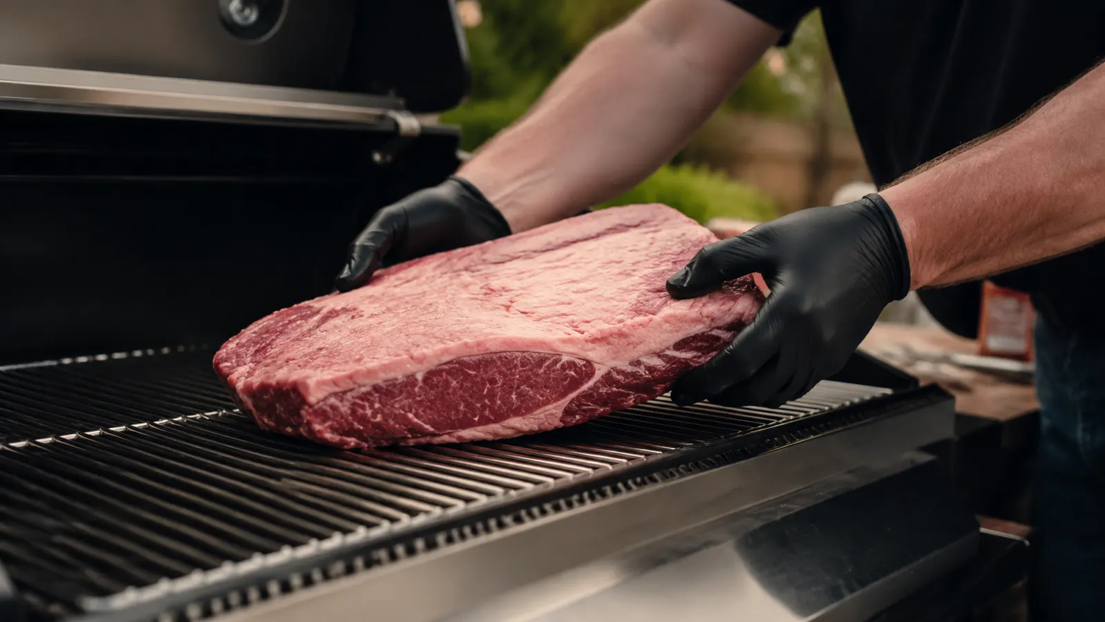 Clean grill grates after brushing, ready for cooking, with a brisket being placed on the grill by a person wearing grilling gloves