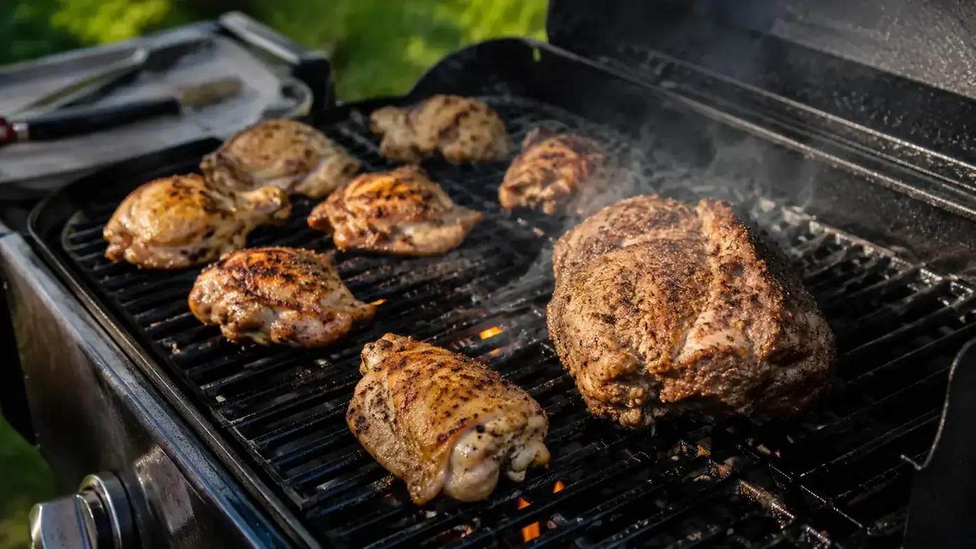 Bone-in chicken thighs and a pork shoulder on a gas grill grate with visible smoke curling around them from a smoker box tucked near the burner