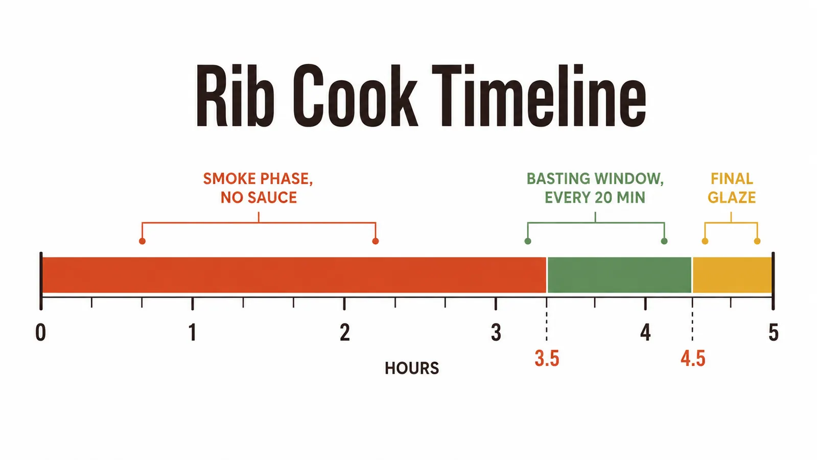 Timeline chart showing when to apply BBQ sauce during a 5-hour rib cook, with green zones for safe basting windows and red zones for early application