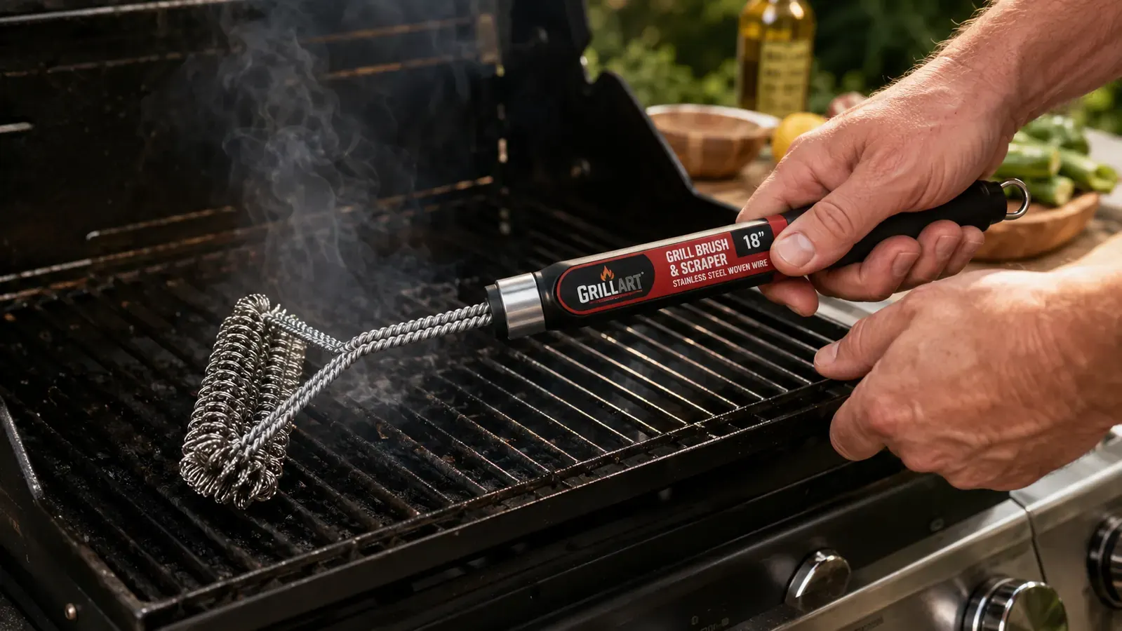 GRILLART bristle-free grill brush being used to scrub cast iron grill grates on a hot gas grill