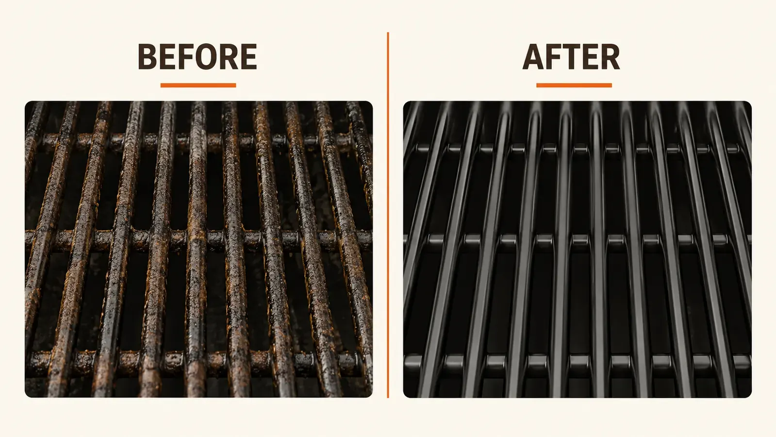 Split comparison showing grimy grill grates before cleaning versus clean seasoned grates after
