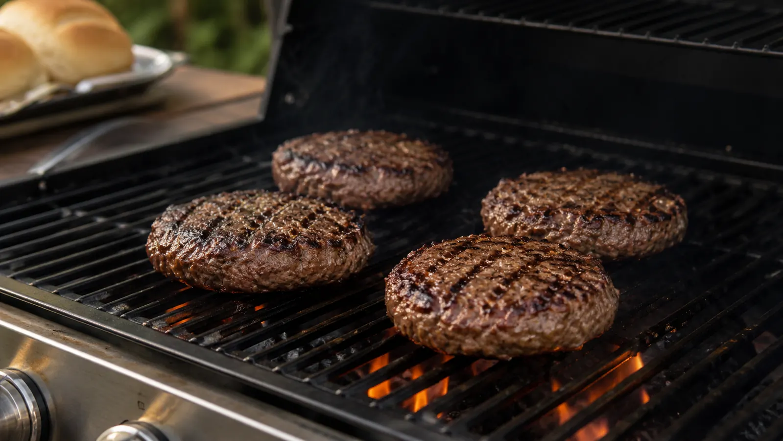 Clean grill with perfectly seared burger patties cooking on well-maintained grates