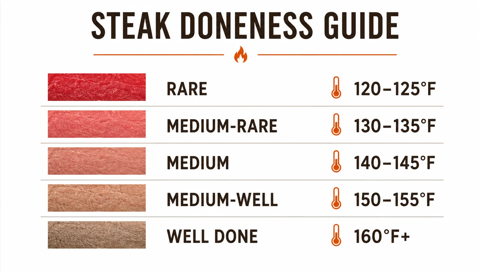 Doneness temperature chart for steak showing rare through well-done internal temperatures in Fahrenheit