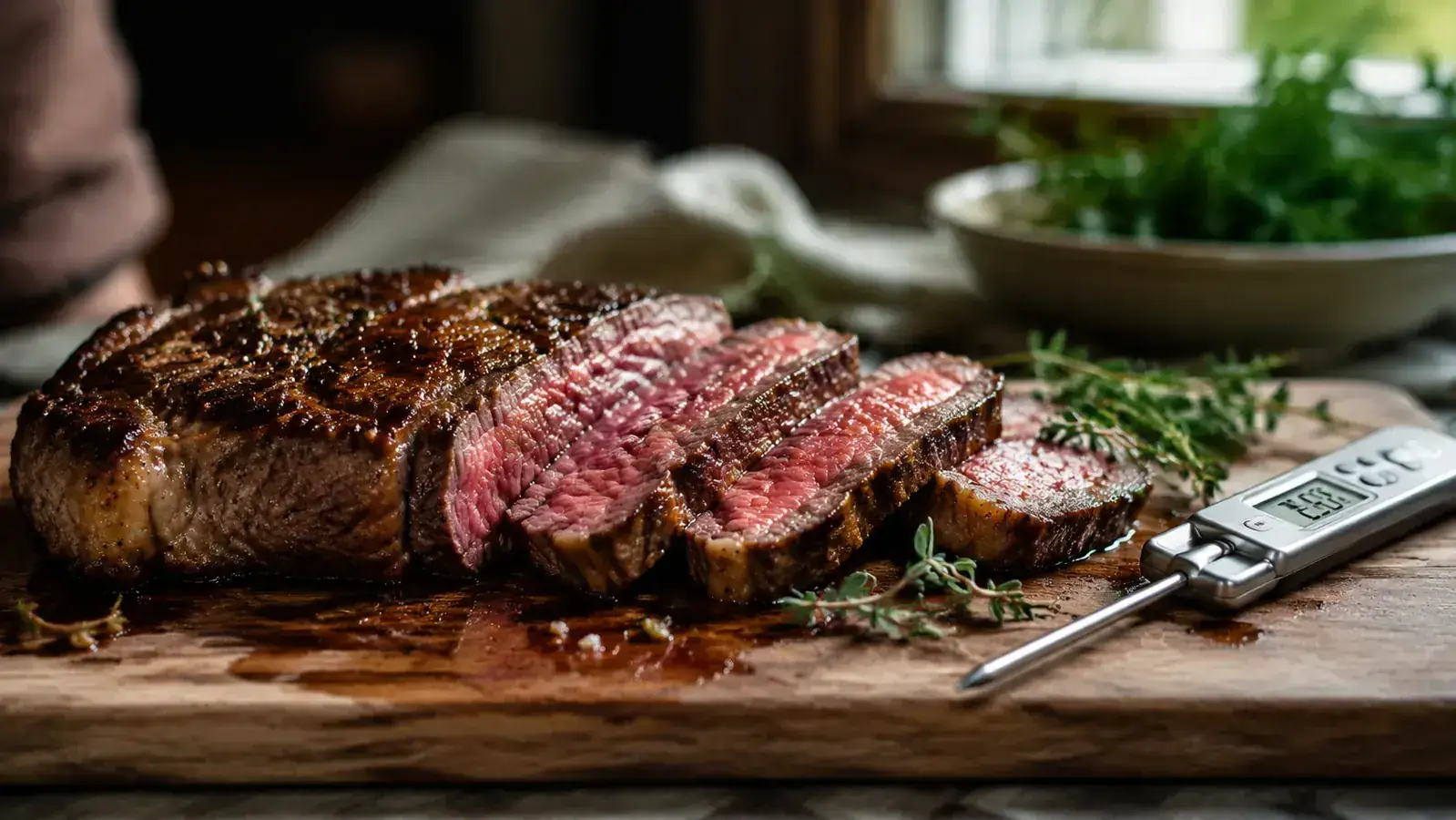 Grilled steak resting on a wooden cutting board next to a digital thermometer, sliced to show pink medium-rare center