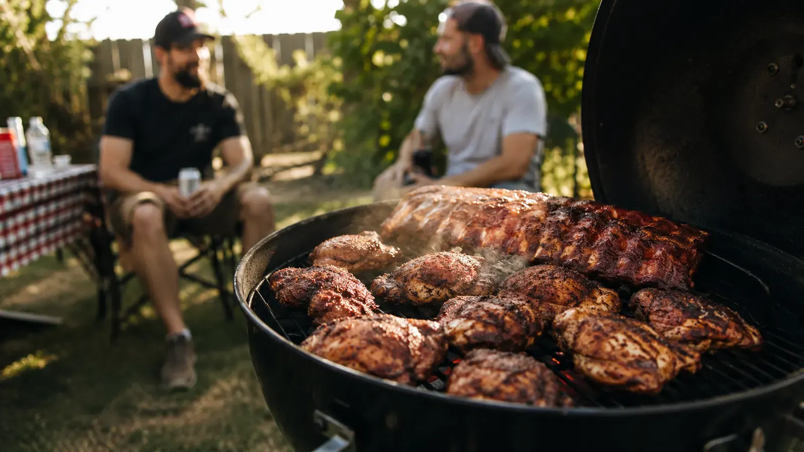 Backyard cookout scene with a full grill of ribs and chicken over charcoal, friends gathered in background
