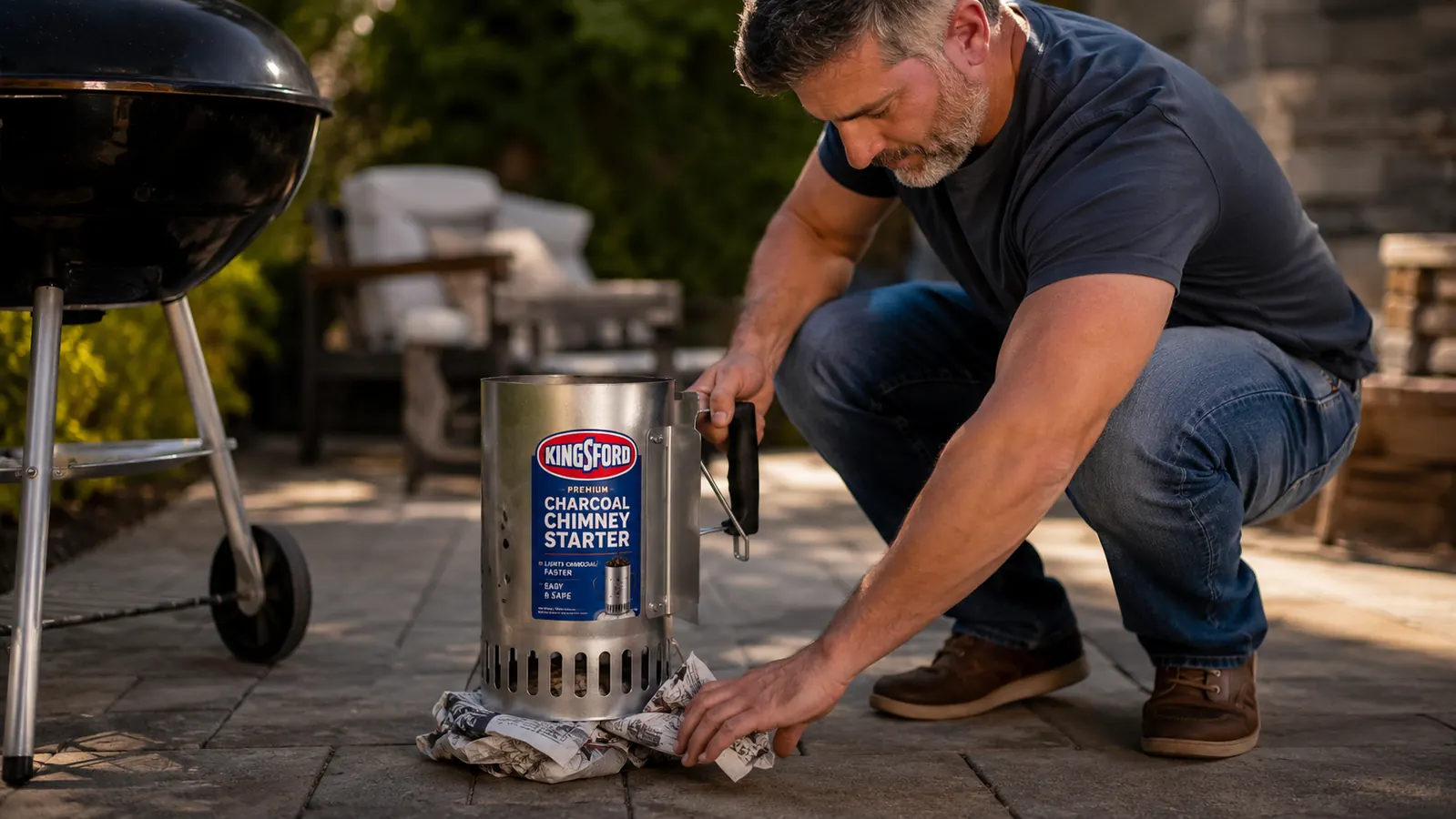 Man placing crumpled newspaper under a charcoal chimney starter on a backyard patio