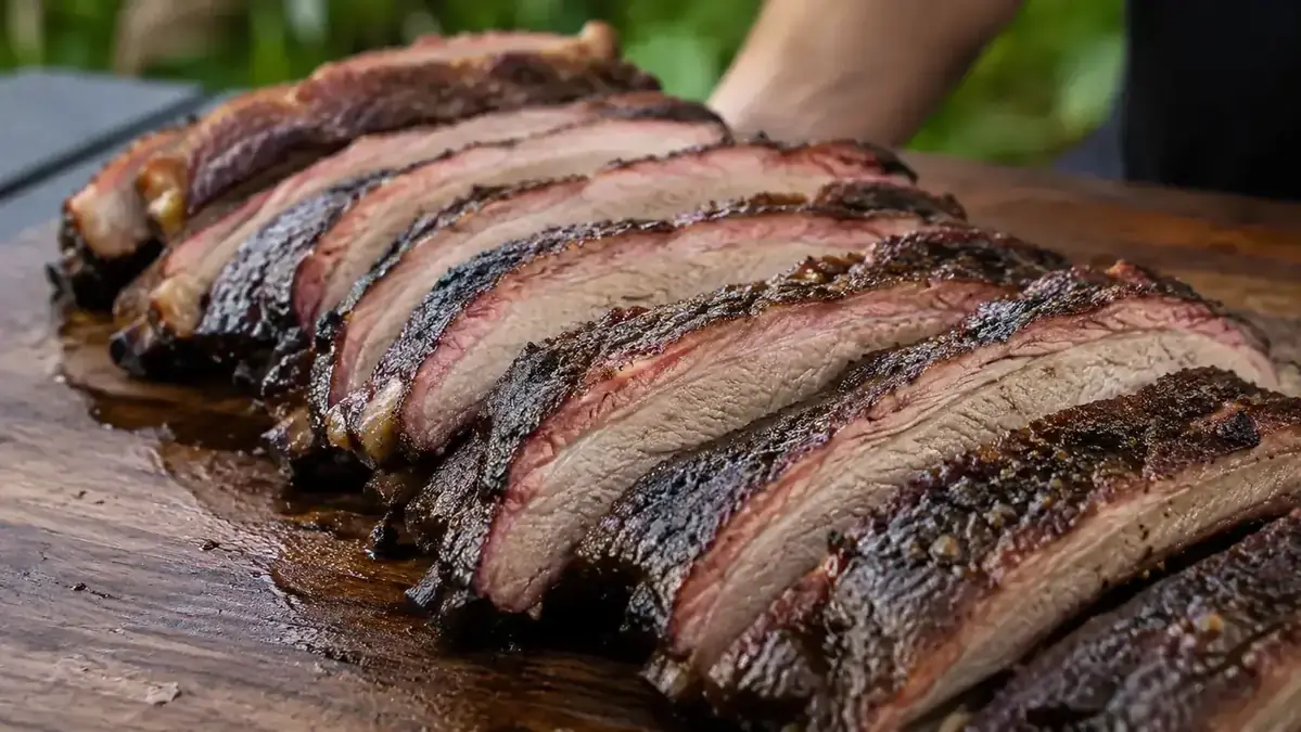 Rack of ribs resting on grill grates with a clean smoke ring visible on the cross-section
