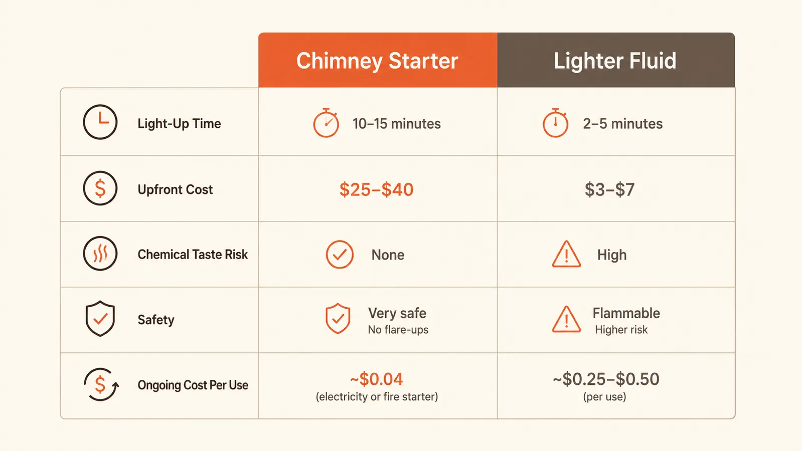 Side-by-side comparison chart showing chimney starter vs lighter fluid across speed, cost, flavor impact, and safety