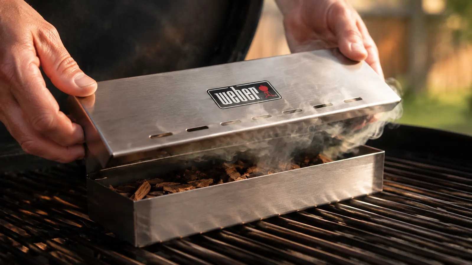 Close-up of Weber smoker box lid slots showing smoke escaping during an active cook session
