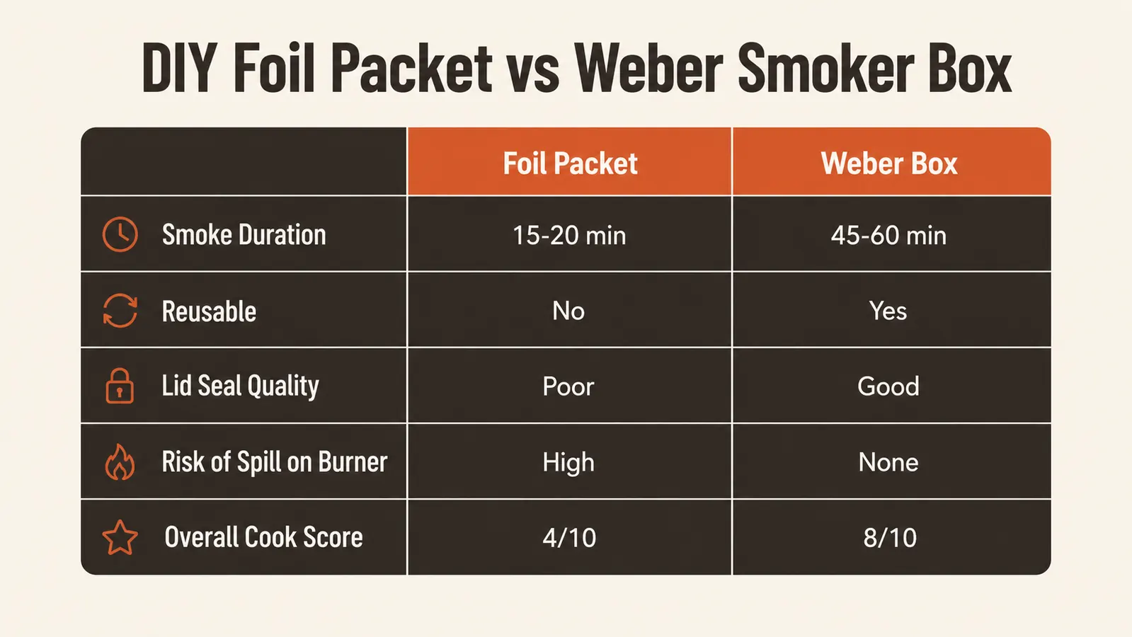 Side-by-side comparison chart: foil packet vs Weber smoker box smoke output and durability