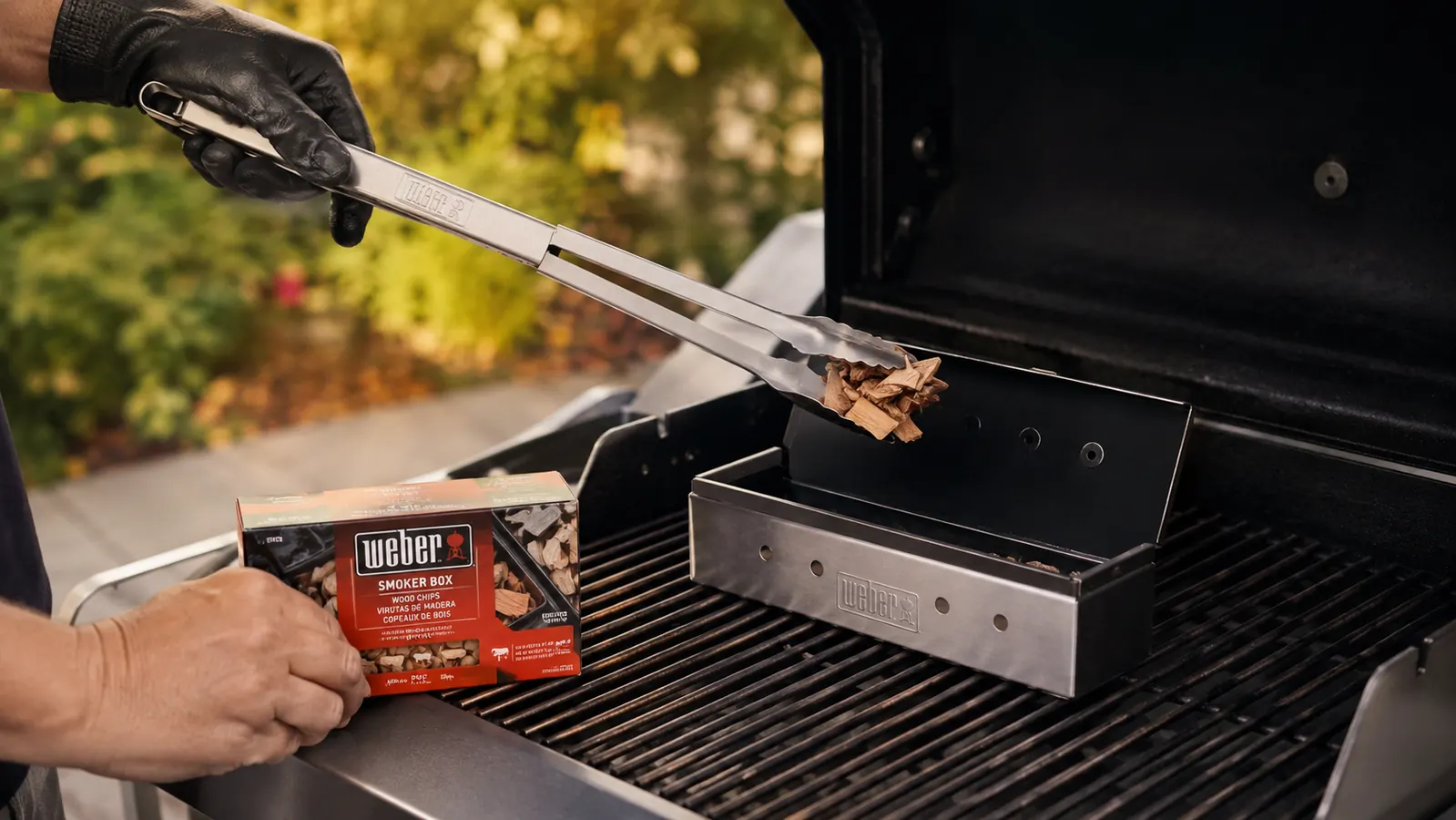Person using long grill tongs to reload wood chips into the Weber smoker box while grill lid is open