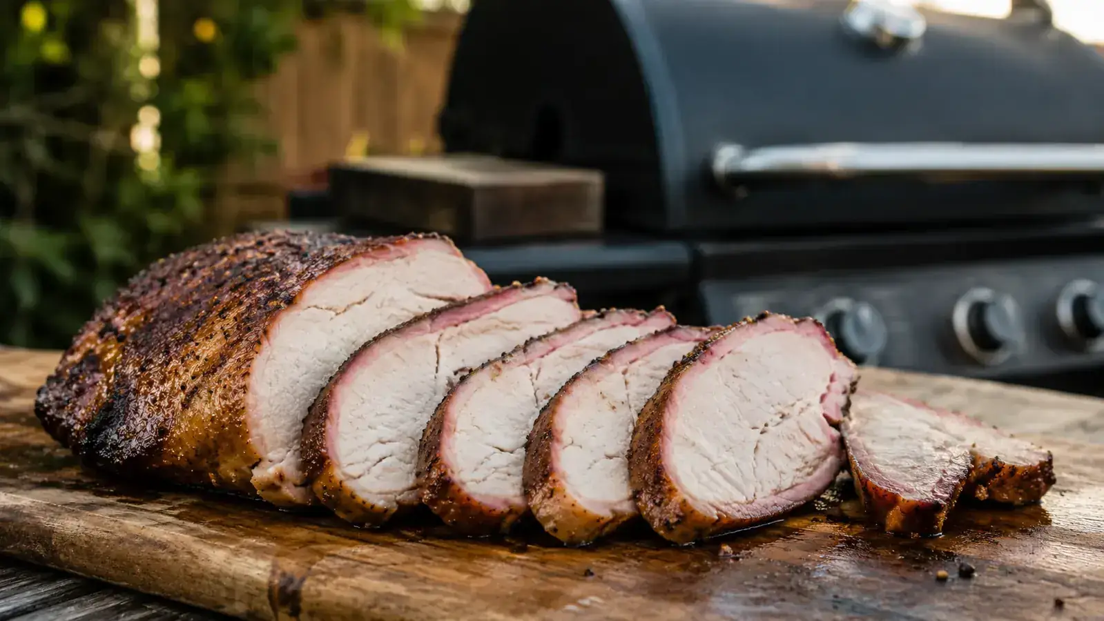 Sliced smoked chicken breast showing pink smoke ring on cutting board with smoker box visible in background on grill