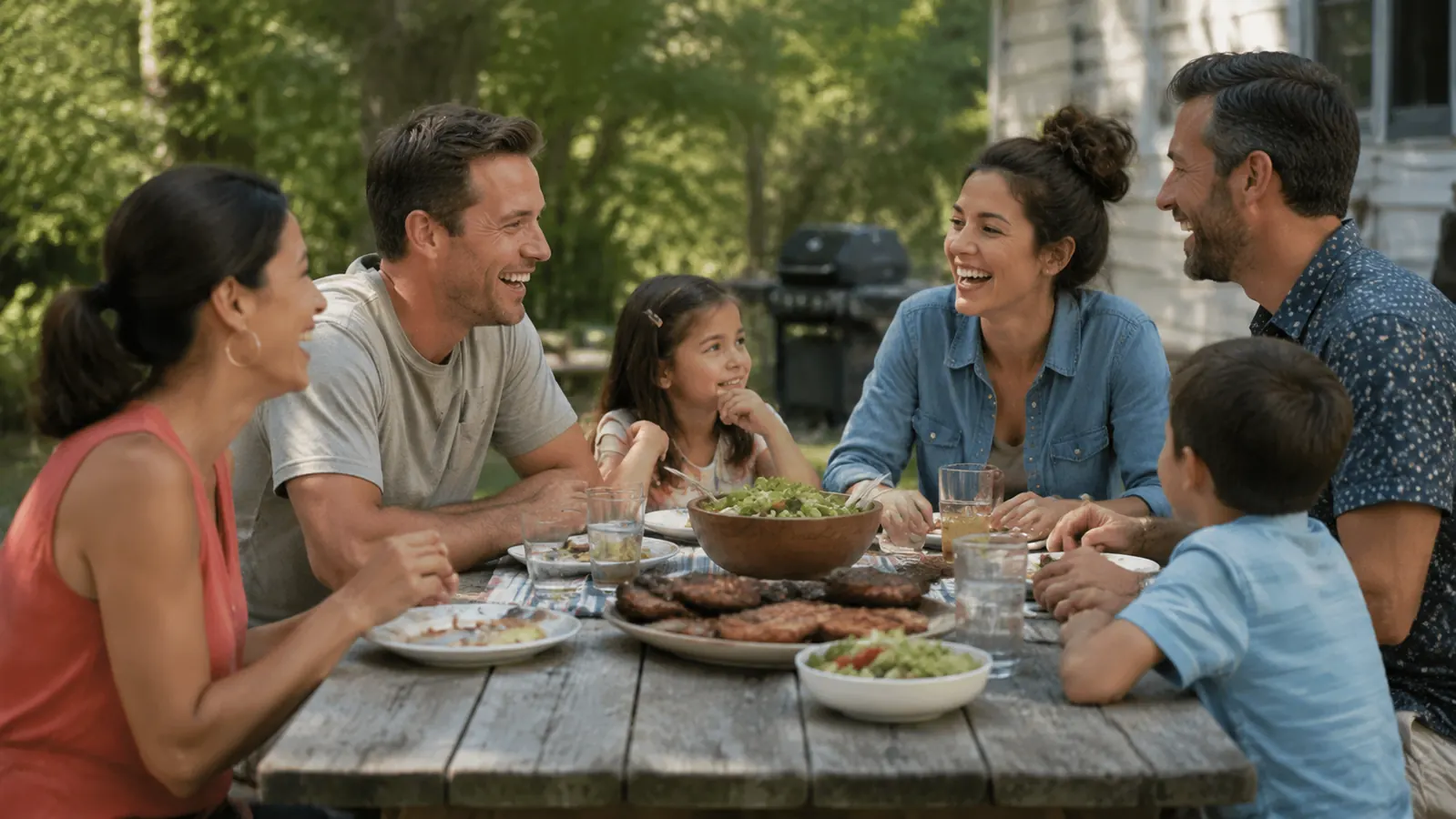 Family gathered around a backyard picnic table eating grilled food, laughing, plates full