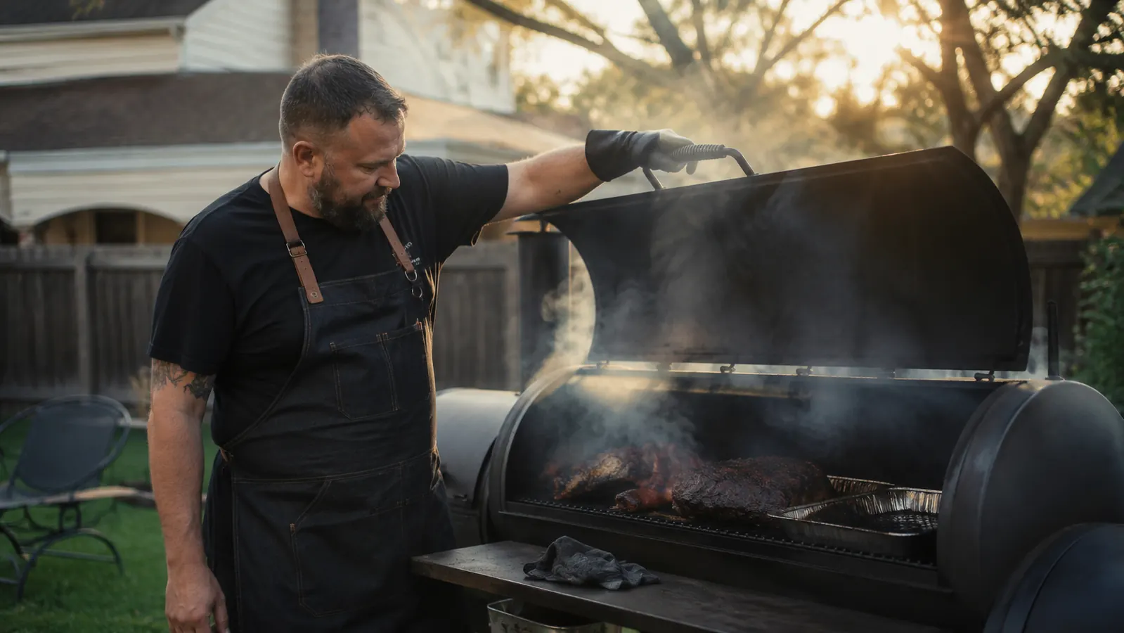 Backyard pitmaster lifting the lid of a large offset smoker with brisket inside, heavy smoke visible, long-haul smoking setup